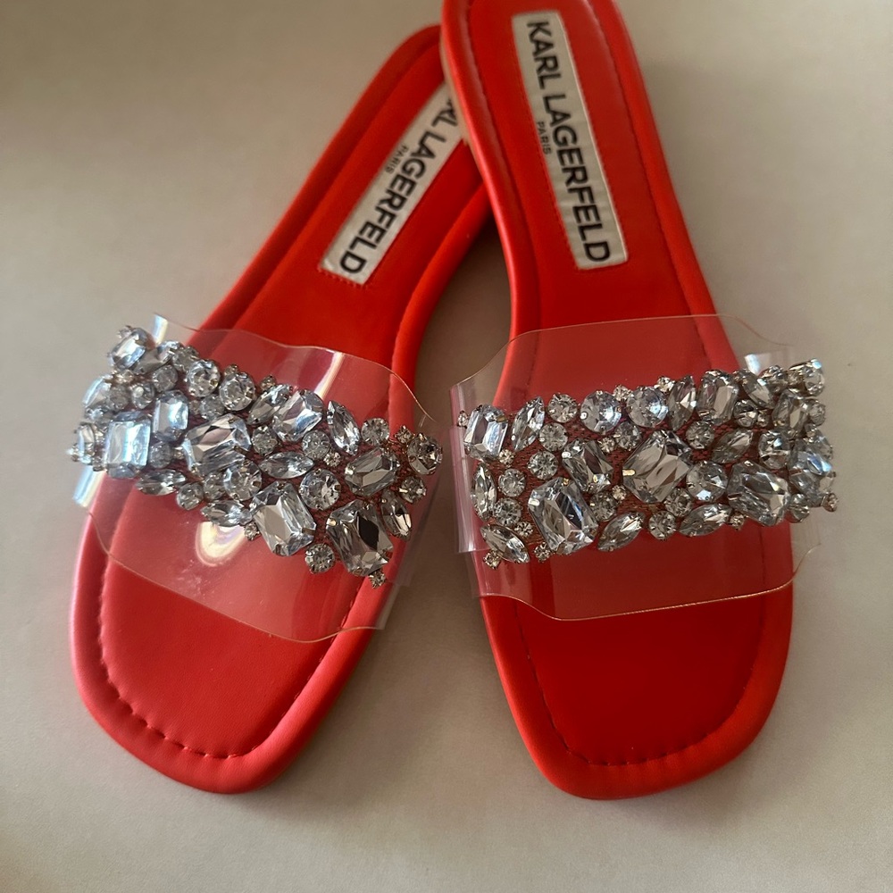 Karl Lagerfeld Red Sandals with Crystal Embellishments
